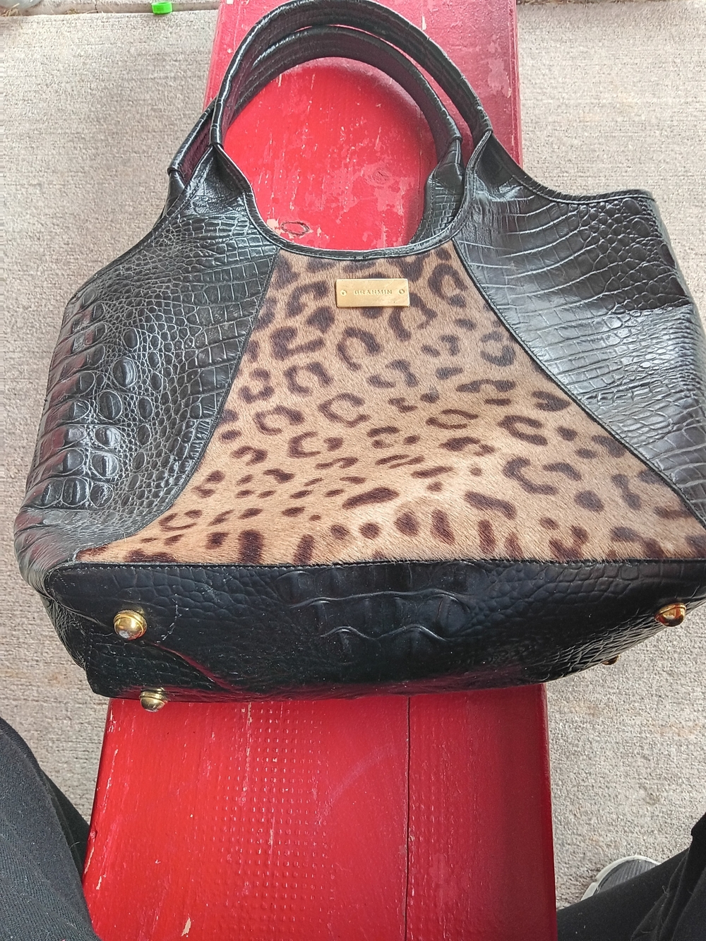 Brahmin Black Croc-Embossed & Leopard Haircalf Tote